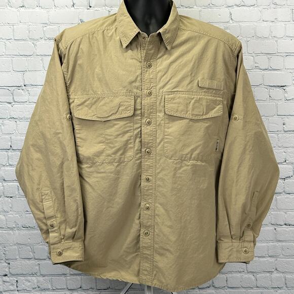 ExOfficio Button Front Shirt Hiking Hiker Fisherman Fishing Vented Beige Medium - Picture 2 of 8
